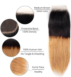 ZSF T1B/27 Ombre Blonde Straight Human Hair 3Bundles With Lace Closure Brazilian Remy Hair