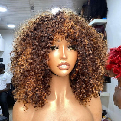 ZSF Transparent Lace Pixie Curly Highlight Virgin Bob Lace Wig With Bang Human Hair 1Piece