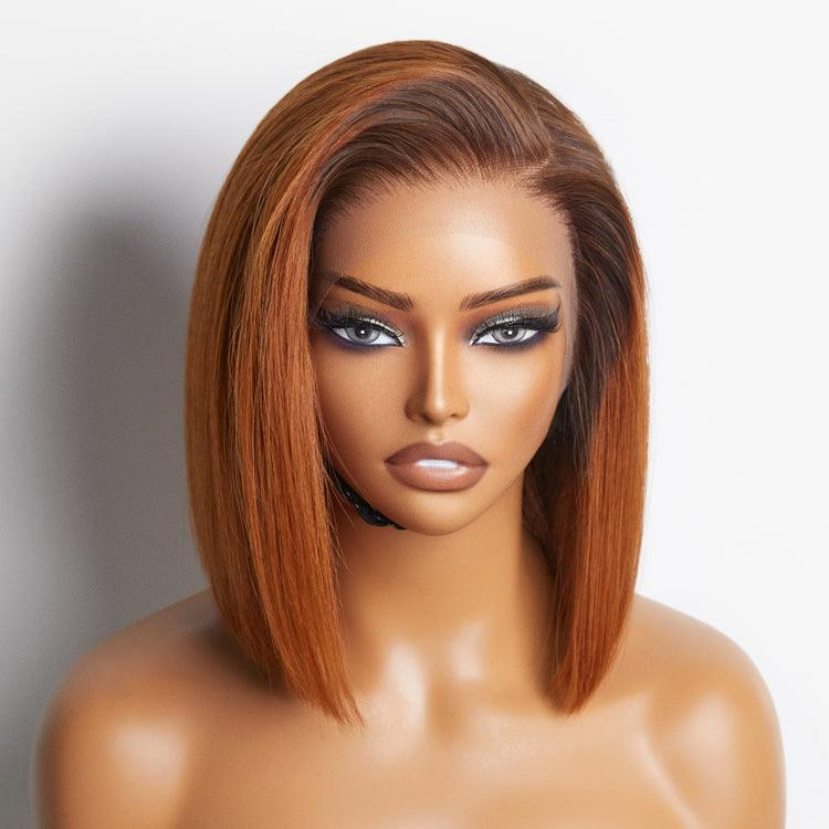 ZSF Ginger Ombre Brown Silky C Part Blunt Cut Glueless Smooth Straight Short Bob Wig Brazilian Lace Virgin Hair 1Piece