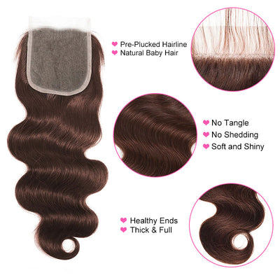 ZSF Chocolate Brown #4 Body Wave Hair 3 Bundles With Lace Closure 100% Virgin Human Hair