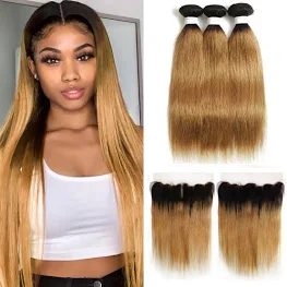 ZSF T1B/27 Ombre Blonde Straight Human Hair 3Bundles With Lace Frontal Brazilian Remy Hair