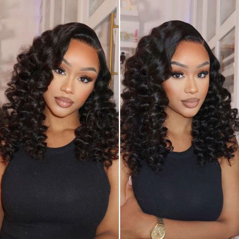 ZSF Bouncy & Wand Curls C Part Glueless Lace Front Pre-Bleached Knots Natural Black Human Hair Wigs