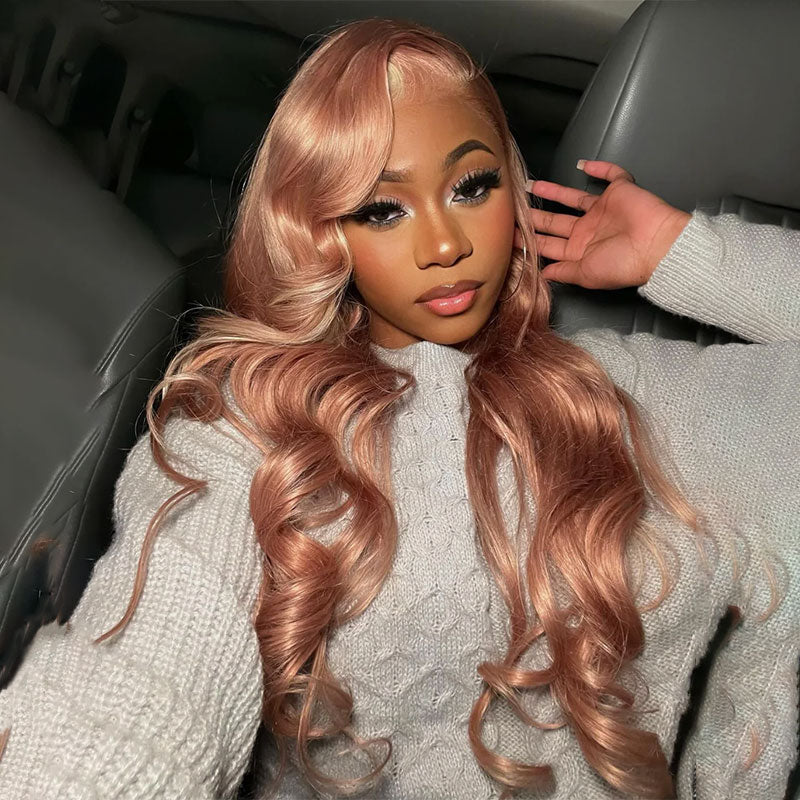 ZSF Hair Milk Tea Pink With Blonde Highlights Body Wave HD Lace Closure Human Hair Colored Wig