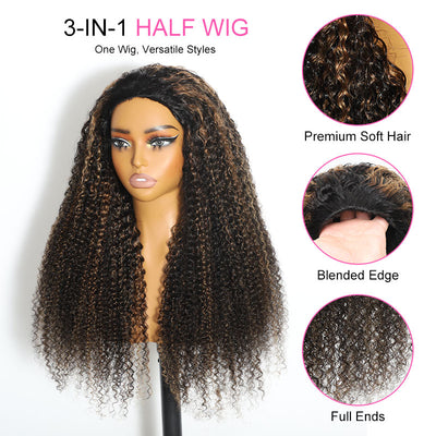 ZSF Hair 3-In-1 Half Wig Flip Over Kinky Curly 1B/27# Invisi Drawstring Strap Vigin Hair Beginner Friendly