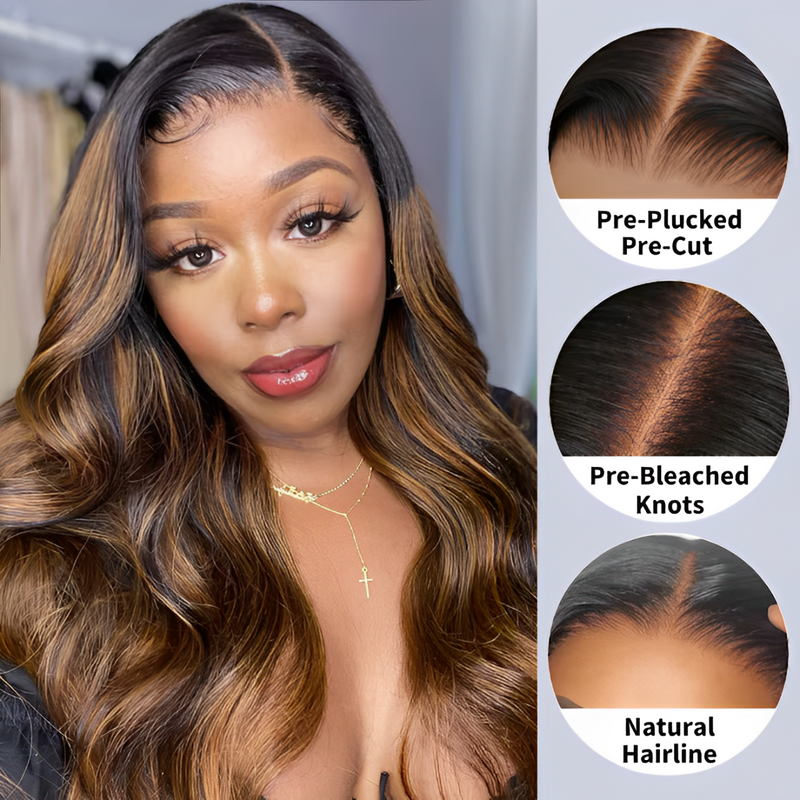 ZSF Upgrade 7*5 Glueless Balayage Brown Highlight HD Lace Wig Body Wave Human Hair Wig Invisble Knot