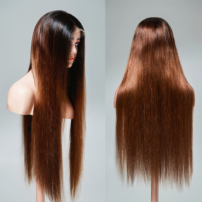 ZSF Black Ombre Chocolate Brown 1b/4 Pre Cut HD Lace Black Smooth Straight Glueless Human Hair Wig