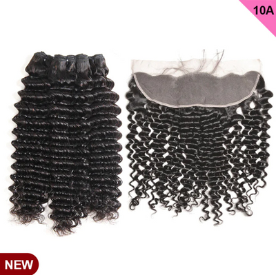 ZSF 10A Grade Hair Deep Curly Virgin Hair 3Bundles With Lace Frontal Natural Black