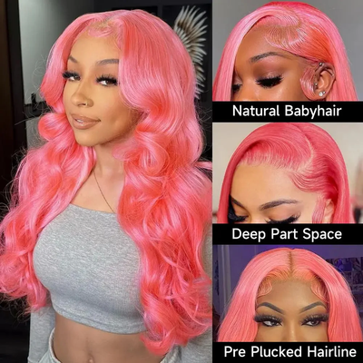 (Clearance Sale) ZSF Pink Body Wave Pre-Plucked Middle Part Lace Frontal Wig Human Hair 1Piece