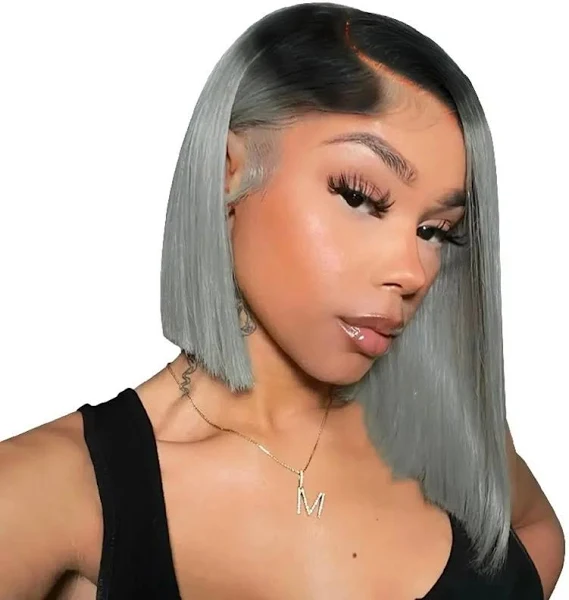 (Clearance Sale) ZSF Hair Transparent Lace 1B/Grey Straight Virgin Hair Bob Lace Wig Frontal Human Hair