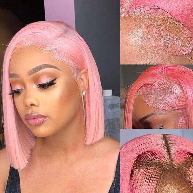ZSF Hair Short Pink Straight Bob 4*4/5*5/13*4 Lace Human Hair Wigs Natural Hair Line
