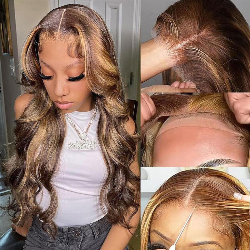 ZSF Brown Blonde P4/27 Glueless HD Lace Wig Body Wave Human Virgin Hair 1Piece