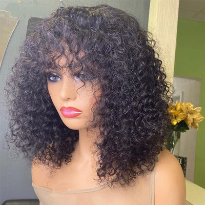 ZSF Short BoB Curly  Wig With Bangs Bouncy Curly Glueless Wear Go Bob Wigs Full Machine Made