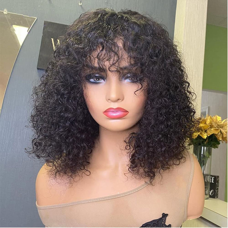 ZSF Short BoB Curly  Wig With Bangs Bouncy Curly Glueless Wear Go Bob Wigs Full Machine Made