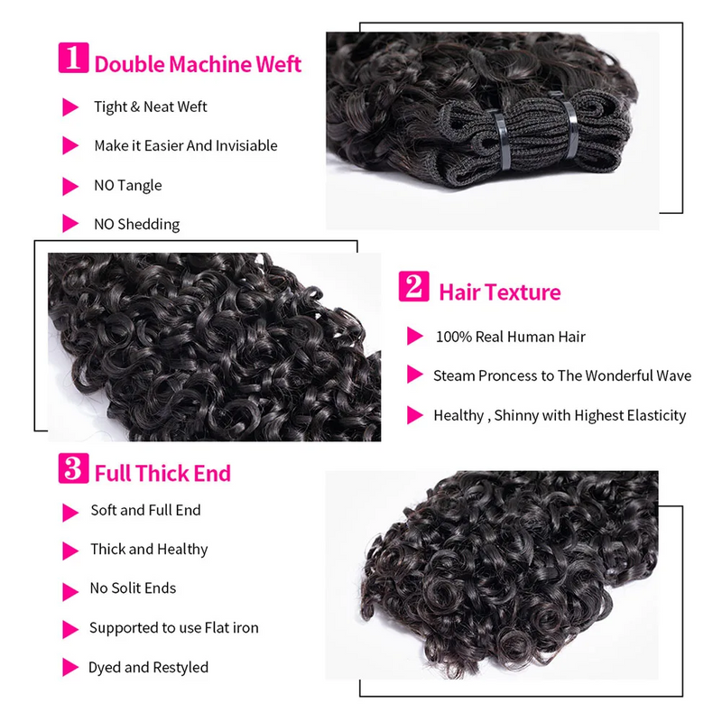 ZSF Hair 8A Grade Pixie Curly Virgin Hair 3Bundles With Lace Frontal Natural Black