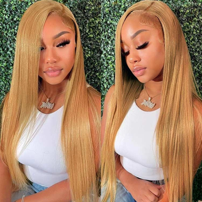 (Clearance Sale) ZSF Honey Blonde 27# Straight Colored Hair Transparent Lace Human Hair Wig