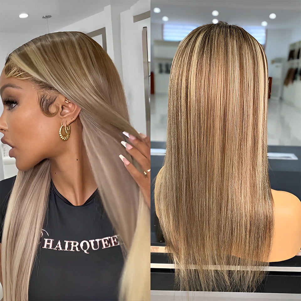 31cm ヘア ZSF Hair 4/613 Brown/Blonde Straight Lace Wig 100% Human Hair Pre