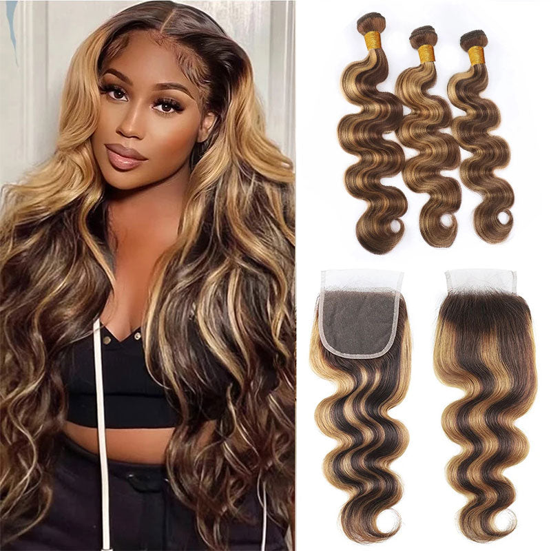 ZSF Brown Blonde P4/27 Highlight Body Wave Virgin Human Hair 3 Bundles With Lace Closure