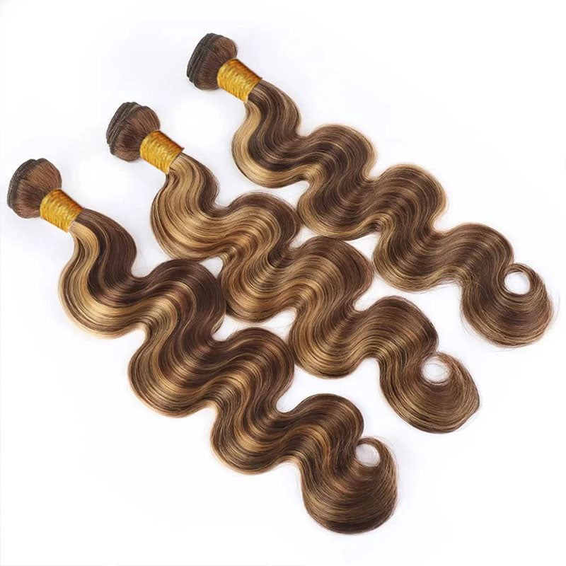 ZSF Brown Blonde P4/27 Highlight Body Wave Virgin Human Hair 3 Bundles With Lace Closure