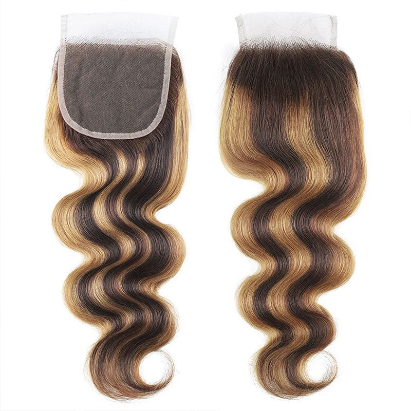 ZSF Brown Blonde P4/27 Highlight Body Wave Virgin Human Hair 3 Bundles With Lace Closure