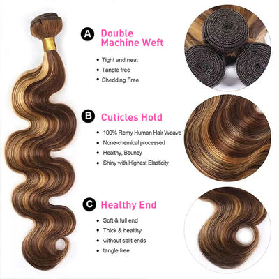 ZSF Brown Blonde P4/27 Highlight Body Wave Virgin Human Hair 3 Bundles With Lace Closure