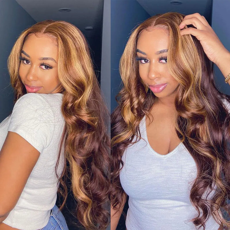 ZSF Brown Blonde P4/27 Glueless HD Lace Wig Body Wave Human Virgin Hair 1Piece