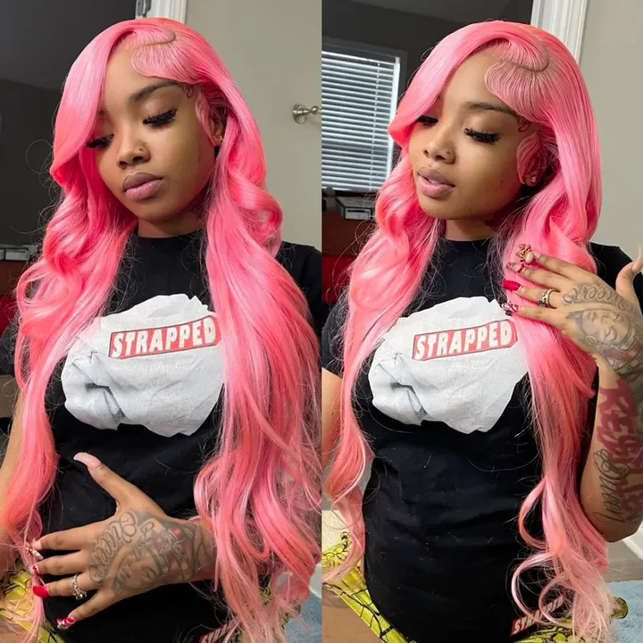 (Clearance Sale) ZSF Pink Body Wave Pre-Plucked Middle Part Lace Frontal Wig Human Hair 1Piece