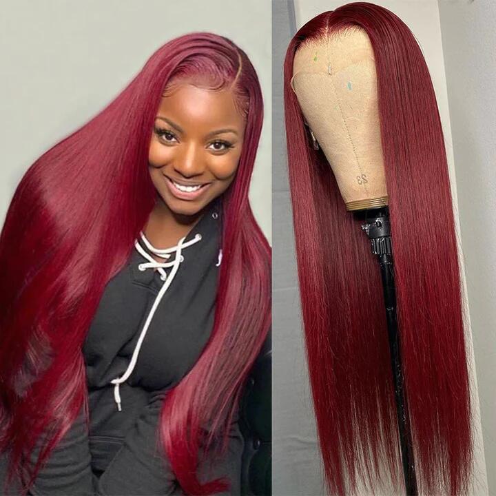 (BUY 2 PAY 1)ZSF Hair Burgundy Transparent Lace Wig Straight Colored Human Virgin Hair One Piece
