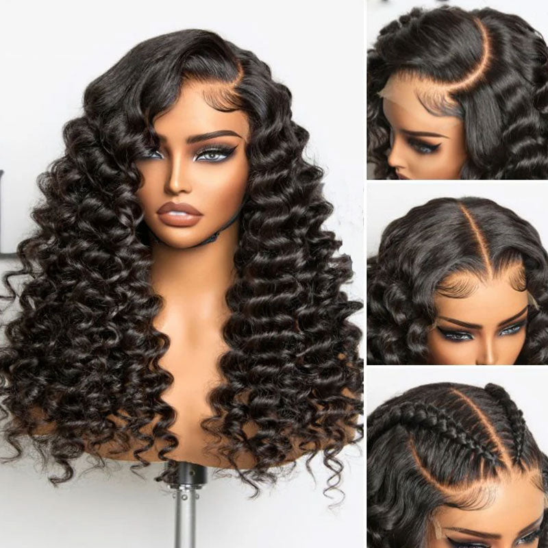 ZSF Bouncy & Wand Curls C Part Glueless Lace Front Pre-Bleached Knots Natural Black Human Hair Wigs