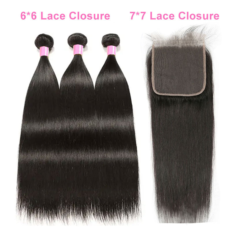 ZSF Grade 8A Straight Bundles With Closure Natural Black Hair Weaving Lace