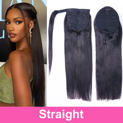 ZSF Kinky Straight Ponytail Human Hair With Clip In Extensions Natural Black One Piece