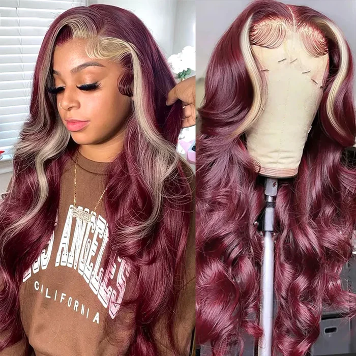 ZSF Burgundy With Blonde Skunk Stripe Highlight Body Wave Lace Frontal Colored Hair