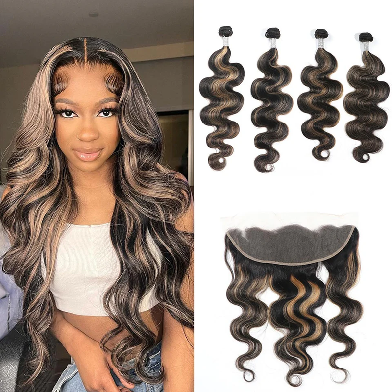 ZSF Ombre Blonde P1B/27 Body Wave Virgin Hair 4Bundles With Lace Frontal 100% Human Hair