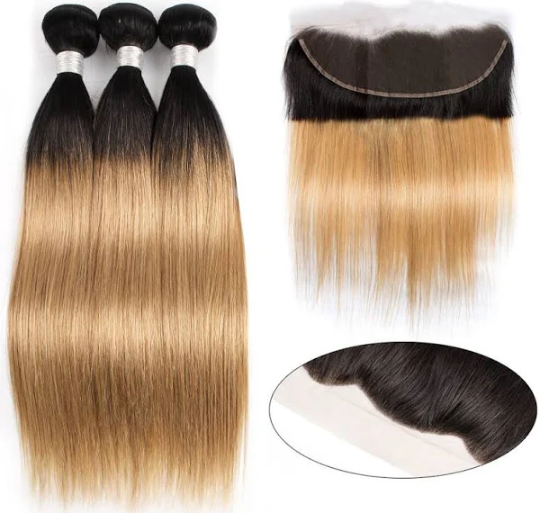 ZSF T1B/27 Ombre Blonde Straight Human Hair 3Bundles With Lace Frontal Brazilian Remy Hair