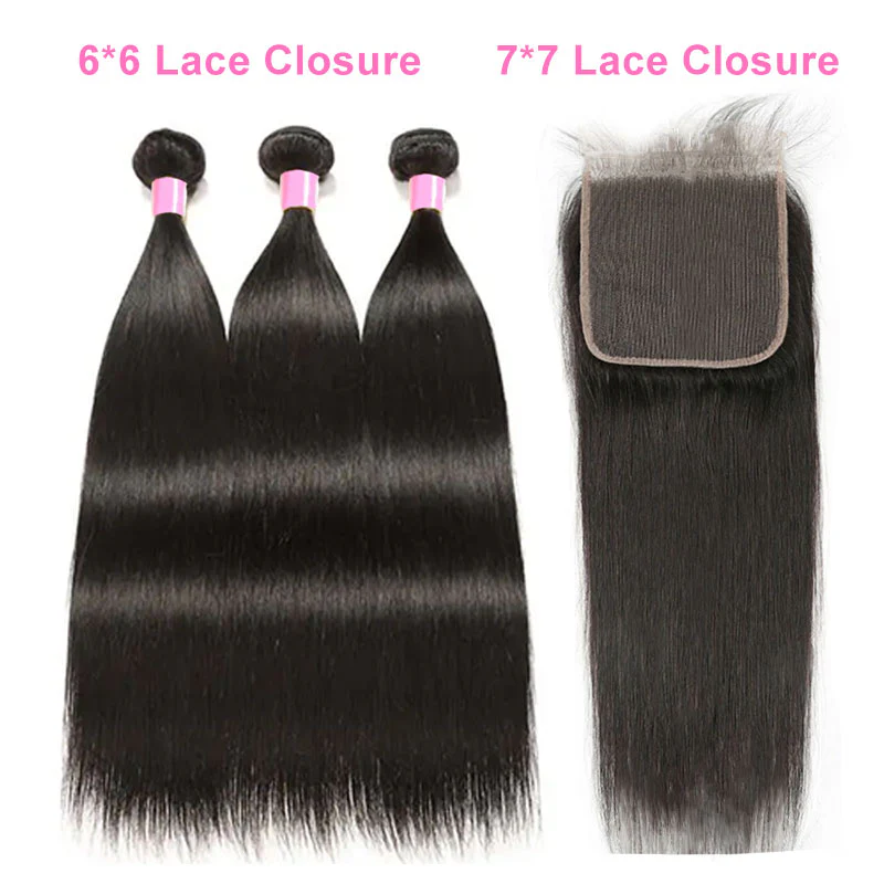 ZSF Grade 8A Straight Bundles With 6*6/7*7 Lace Closure Natural Black Hair Extensions