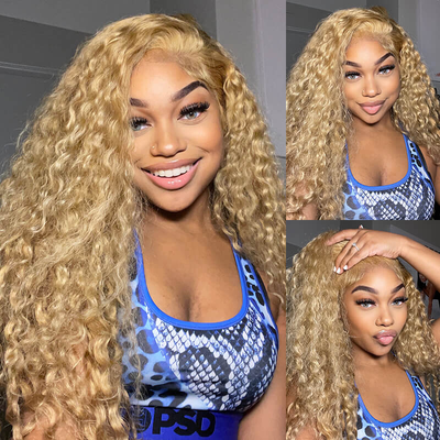 ZSF Hair Honey Blonde 27# Water Wave Lace Closure Wig Pre Plucked Brazilian Human Hair Natural Hairline