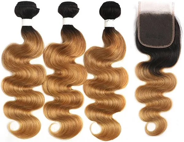 ZSF T1B/27 Ombre Blonde Body Wave Human Hair 3Bundles With Lace Closure Brazilian Remy Hair