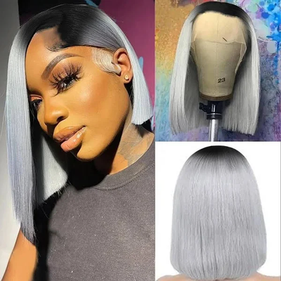 (Clearance Sale) ZSF Hair Transparent Lace 1B/Grey Straight Virgin Hair Bob Lace Wig Frontal Human Hair