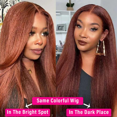 ZSF Auburn Brown #33 Yaki Straight Copper Transparent Lace Wig Pre-Plucked 100% Human Hair