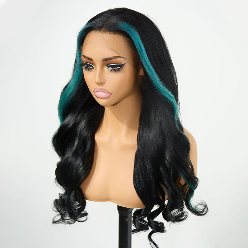 ZSF Customized Color Blue Skunk Stripe Black Body Wave HD Lace Frontal Brazilian Human Hair Wig