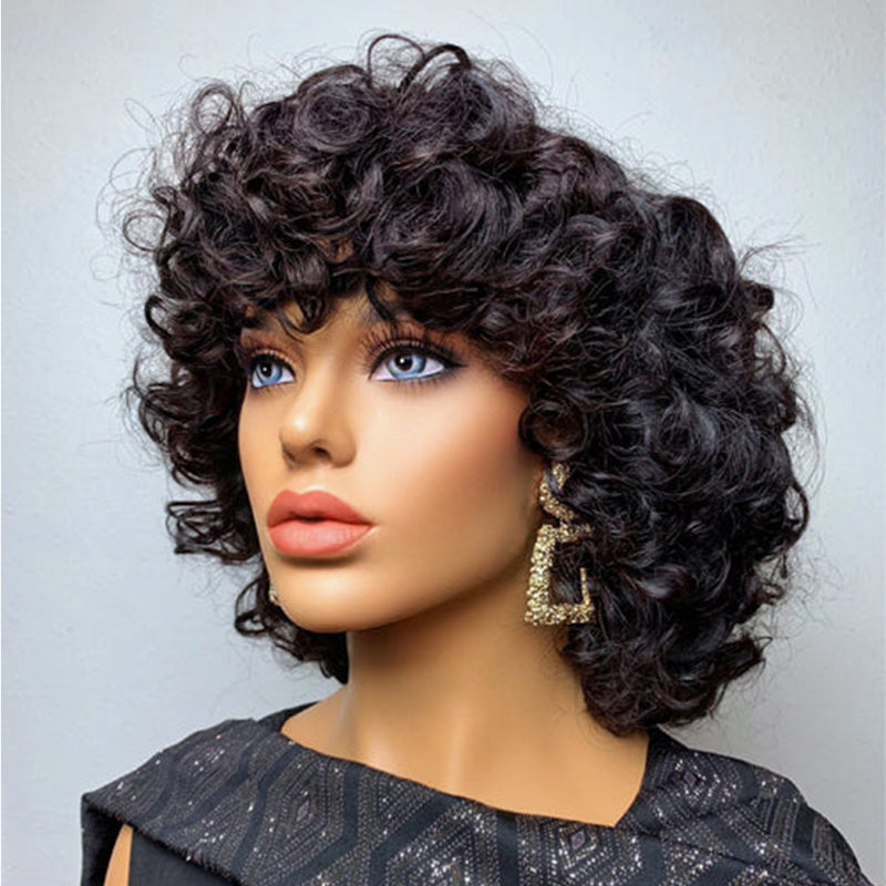 ZSF Hair Bouncy Curly Double Drawn Human Hair Wig With Bangs Machine Made None Lace Hair Natural Black Color