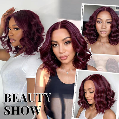 ZSF Drak Plum Loose Deep Wave Virgin Hair Middle Part Bob Lace Frontal Wig Human Hair 1 Piece