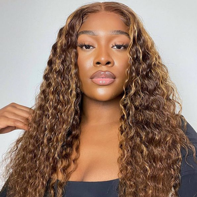 Deals | ZSF Brown And Honey Blonde Highlights 4/27# Highlight Deep Curly Lace Wig