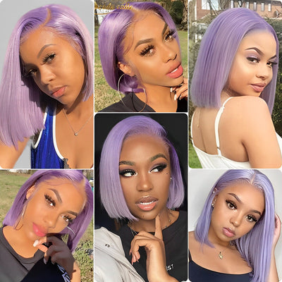 (Clearance Sale)ZSF Purple Straight Virgin Hair Bob Lace Wig Frontal Human Wig