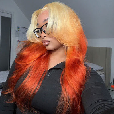 ZSF Orange Ombre Blonde Orange Lace Human Hair Wigs Pre-Plucked Middle Part 180% Density Natural Hairline