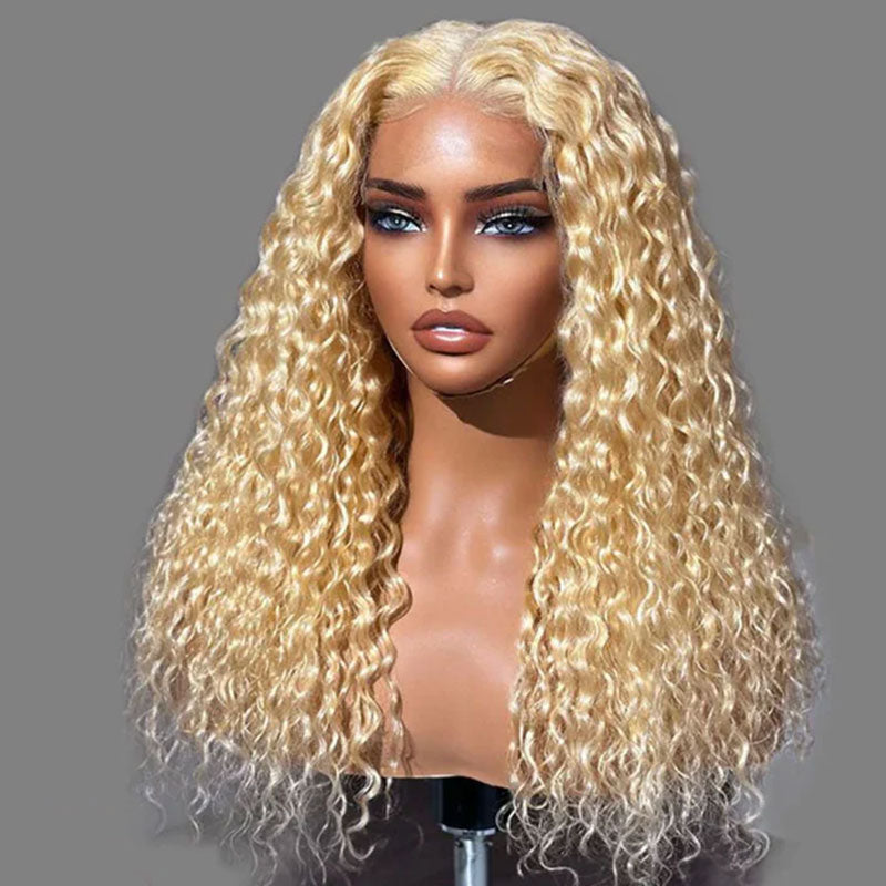 ZSF Water Wave Blonde Russian HD Lace Frontal Curly Wig 613 Preplucked With Baby Hair