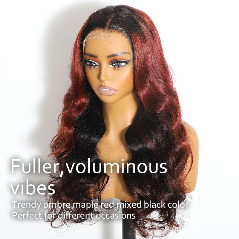 ZSF Maple Red Brown Mixed Black Highlight Body Wave Transparent Lace Wig Virgin Human Hair