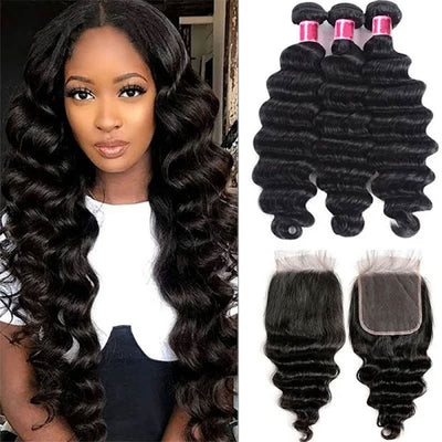 ZSF 6×6/7×7 Lace Closure With Deep Wave Bundles Grade 8A Virgin Hair Unprocessed Natural Black Hair Weaving