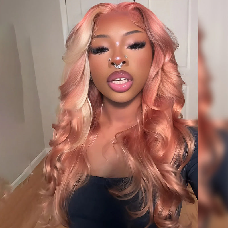 ZSF Hair Milk Tea Pink With Blonde Highlights Body Wave HD Lace Closure Human Hair Colored Wig