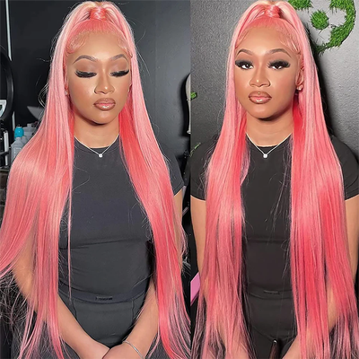 (BUY 1 GET 1 Free) ZSF Pink Colored Wigs Straight Lace Frontal Wig 100% Human Hair 1Piece
