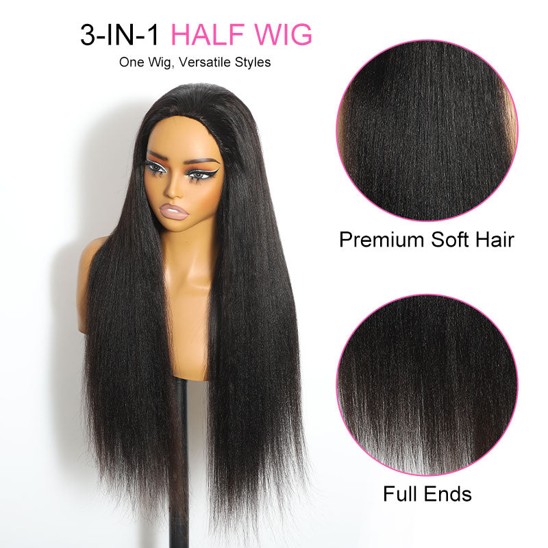 ZSF Hair 3-In-1 Half Wig Flip Over Yaki Straight Invisi Drawstring Strap Vigin Hair Beginner Friendly
